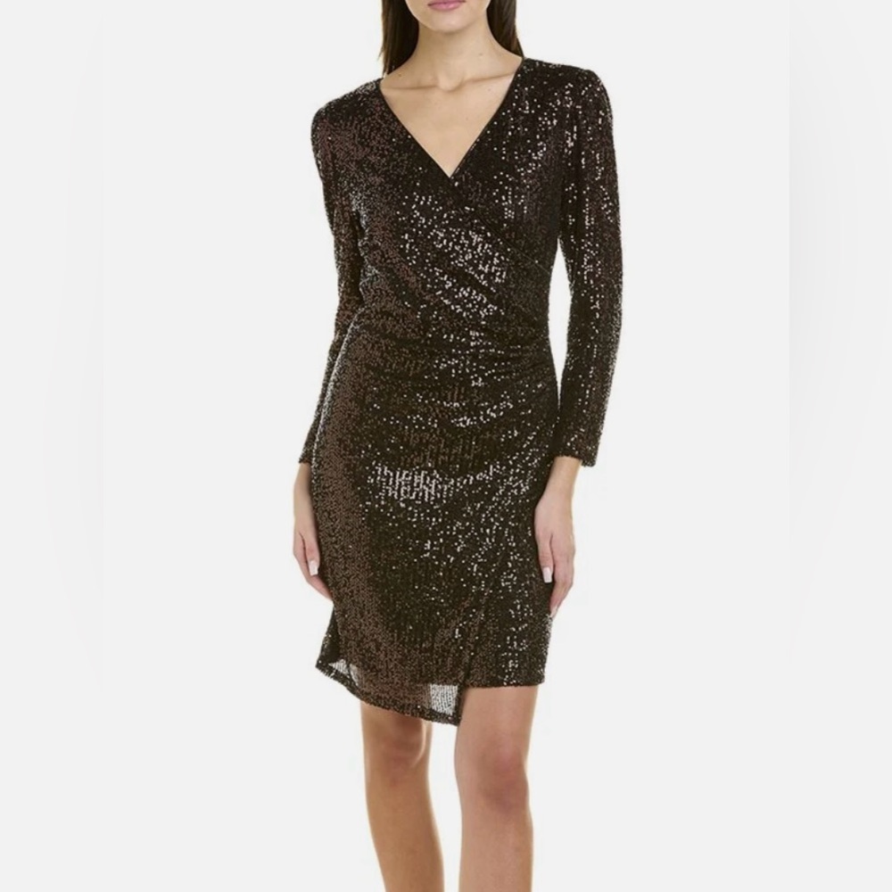 NWT Nanette Lepore Sequin Faux Wrap Long Sleeve Sz 14 Dress 
Copper (Choc Brown)